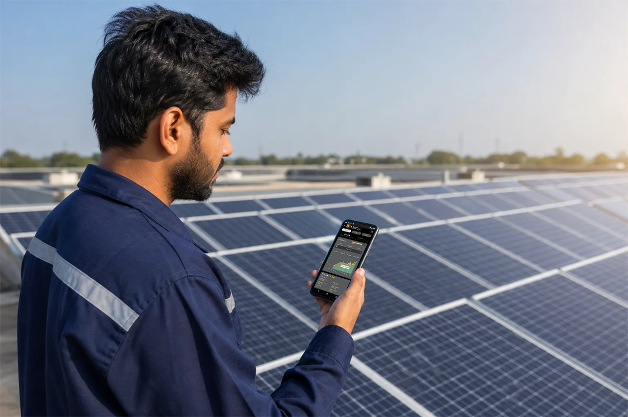 A solar O&M field technician in India using a mobile app on a rooftop solar site. Photorealistic photo of an Indian male solar field technician in a navy blue work uniform standing on a commercial rooftop solar installation, holding a