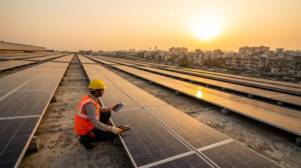 Hero image showing a large commercial rooftop solar installation in India with a technician inspecting panels