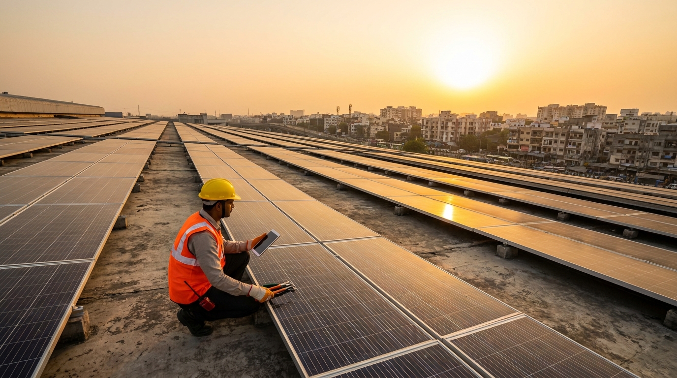 Hero image showing a large commercial rooftop solar installation in India with a technician inspecting panels