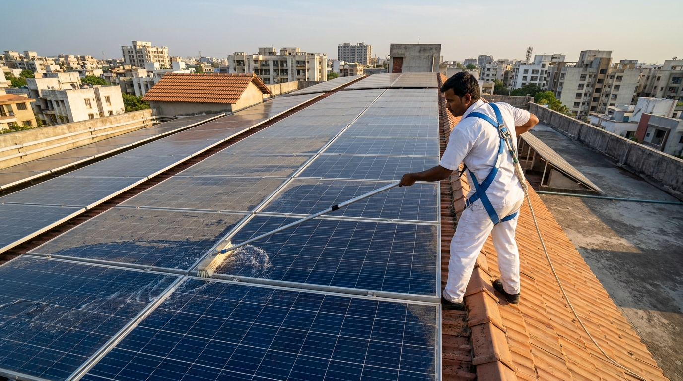 Professional solar panel cleaning technician working on a large commercial rooftop solar installation in India
