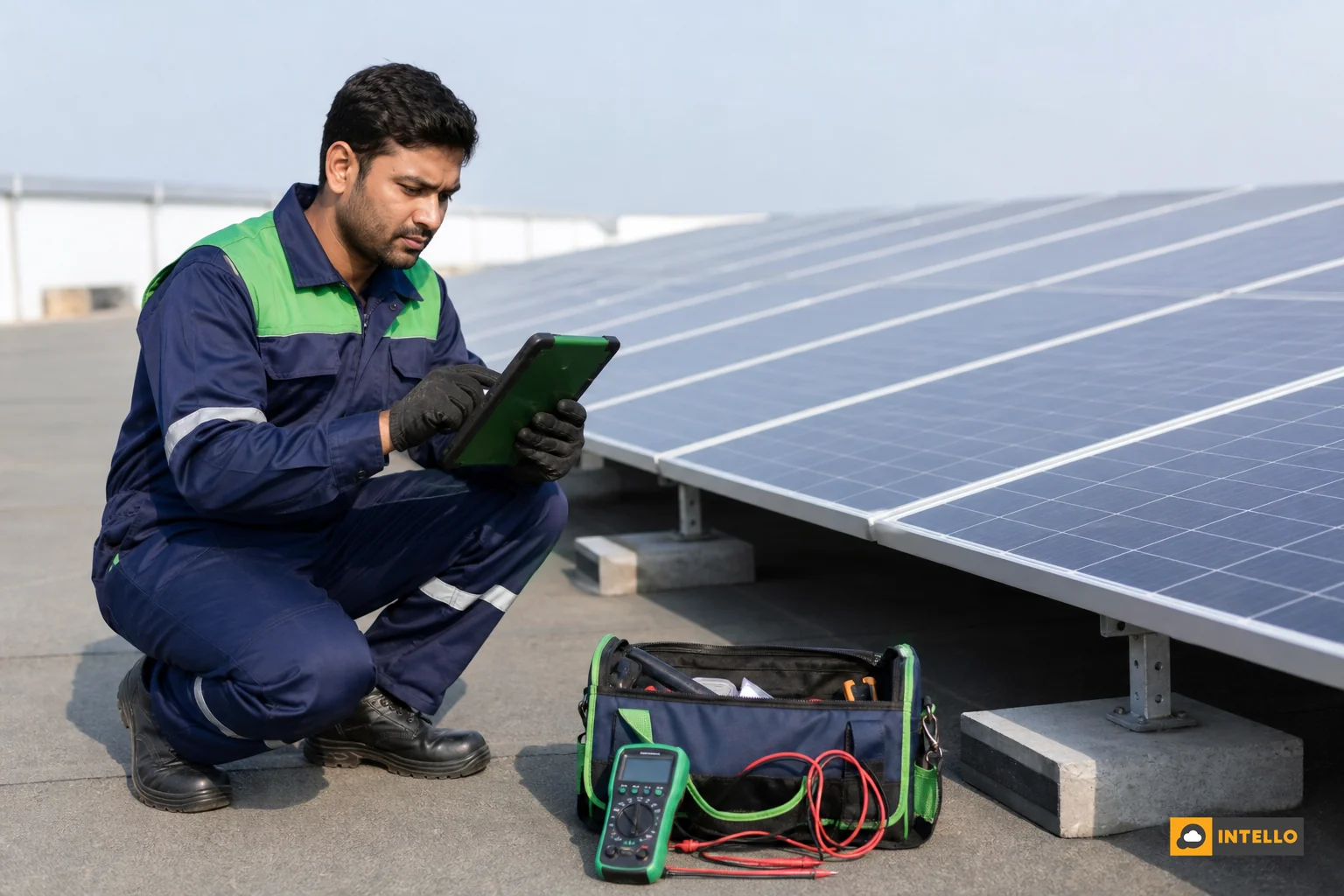 Photorealistic photo of an Indian solar maintenance technician in branded workwear inspecting a rooftop commercial solar panel array with a handheld diagnostic tablet, bright daylight, clean industrial rooftop setting, navy blue and emerald