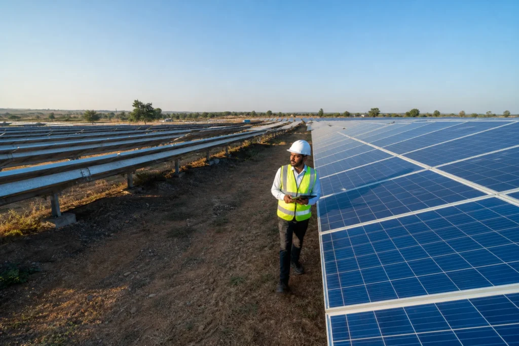 Wide shot of a large ground-mounted solar plant in a rural Indian landscape with a maintenance technician walking the rows. photorealistic wide-angle photograph of a large ground-mounted solar power plant in rural India, rows of solar