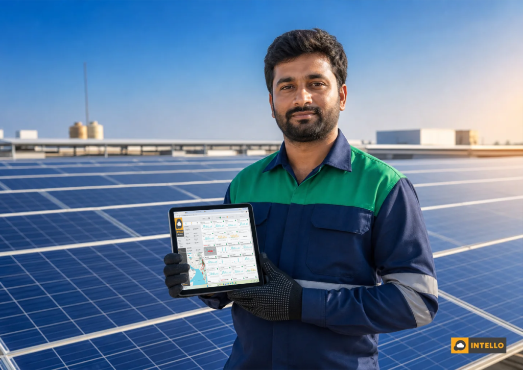 A solar O&M technician reviewing a maintenance contract document on a tablet while standing near a rooftop solar installation in India. Photorealistic photo of an Indian solar maintenance technician in a branded uniform standing on a