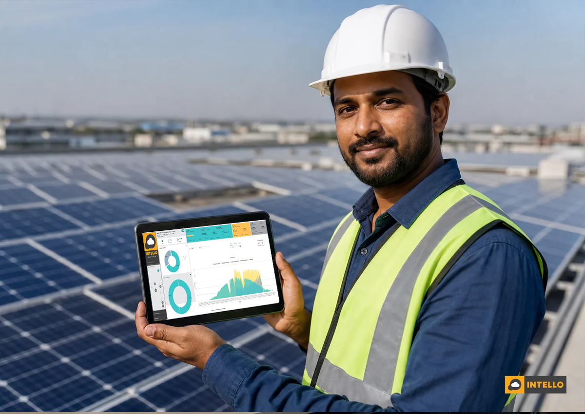 Technician viewing a solar monitoring dashboard on a tablet at a rooftop solar installation, showing IoT sensor data. Photorealistic photo of an Indian solar technician standing on a commercial rooftop solar installation, holding a tablet