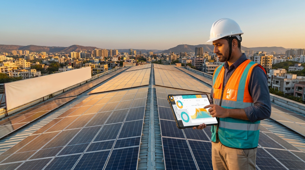 Hero image showing a solar monitoring dashboard on a tablet or laptop with solar panels in the background. A professional engineer in a hard hat and safety vest holding a tablet displaying a colorful solar energy monitoring dashboard with