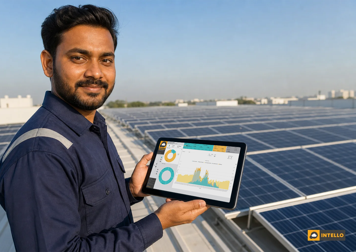 Technician checking solar monitoring dashboard on tablet at a rooftop solar site in India, sun visible. Photorealistic photo of an Indian solar O&M technician in a navy blue uniform standing on a commercial rooftop solar installation