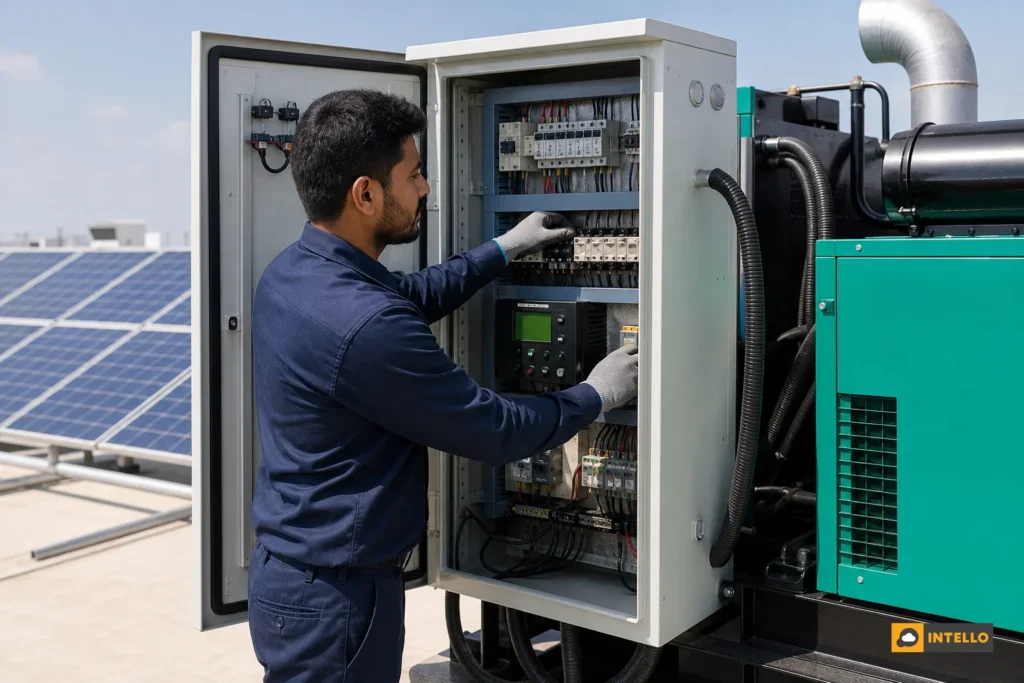 Industrial control panel with a technician checking a DG-PV synchronization controller at a commercial solar and diesel generator site in India. Photorealistic photo of an Indian male electrical technician in a navy blue uniform inspecting