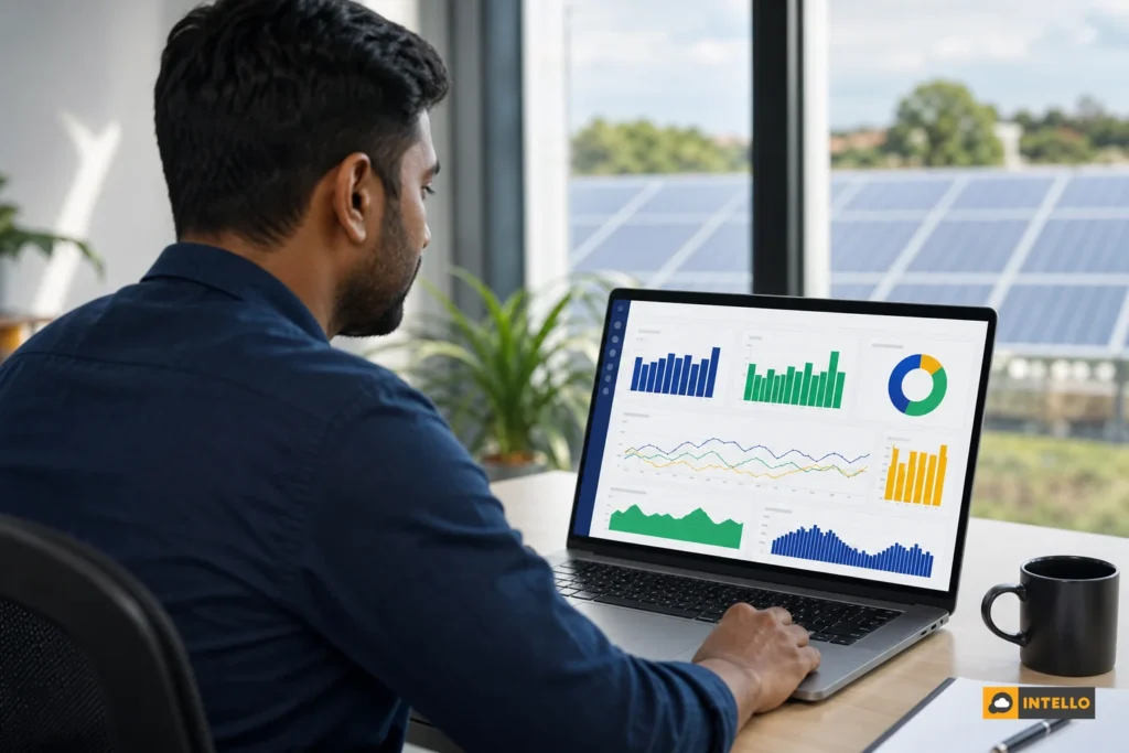 Engineer reviewing a multi-site solar performance dashboard on a laptop with charts showing performance ratio across several sites. Photorealistic photo of an Indian solar operations engineer sitting at a desk, viewing a laptop screen