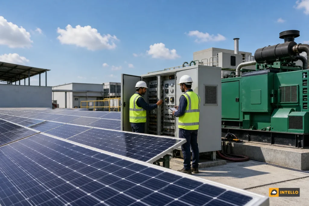 Industrial site with solar panels and diesel generator working together. Photorealistic wide shot of an Indian industrial facility rooftop with rows of solar panels in the foreground and a diesel generator unit with visible control panel in