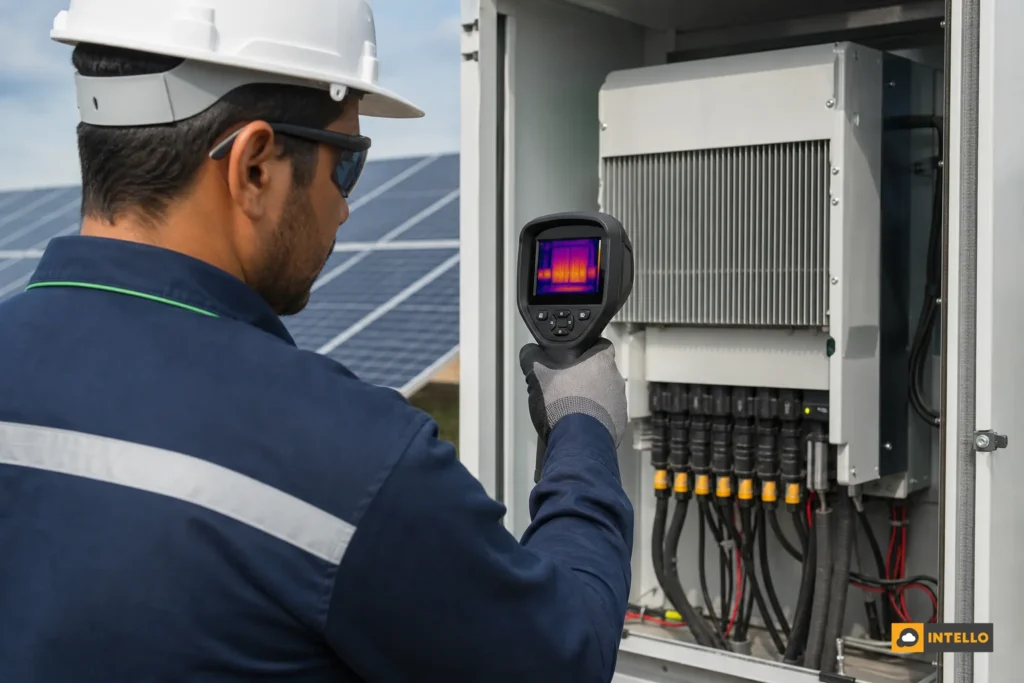 Close-up of a technician using a thermal imaging camera on an outdoor solar inverter cabinet. Photorealistic close-up photograph of a solar O&M technician holding a thermal imaging camera pointed at an outdoor string inverter cabinet at a