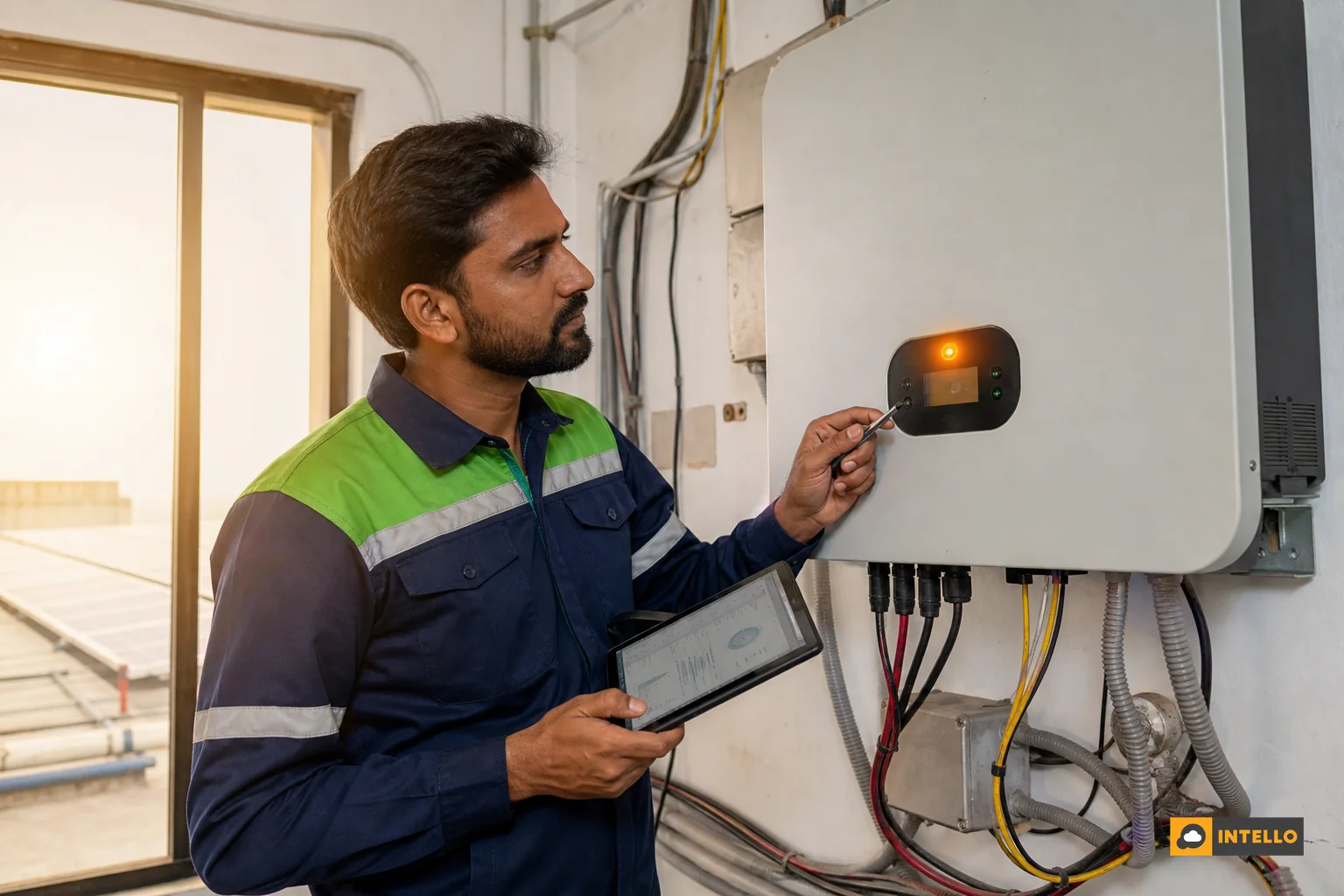 Technician checking a string inverter display for fault codes and temperature warnings. Photorealistic photo: a solar O&M technician in a branded navy blue and green uniform standing beside a wall-mounted string inverter inside a rooftop