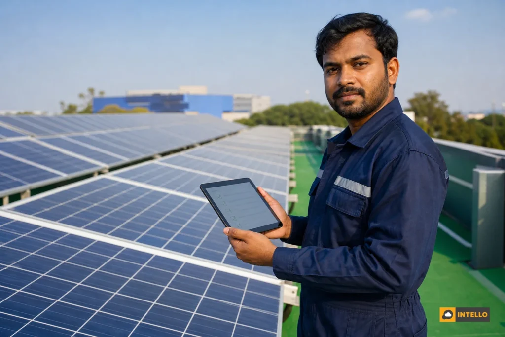 Technician reviewing an AMC document on a tablet at a rooftop solar site in India. Photorealistic photo: an Indian solar maintenance technician in a navy blue uniform standing on a commercial rooftop solar installation, holding a tablet