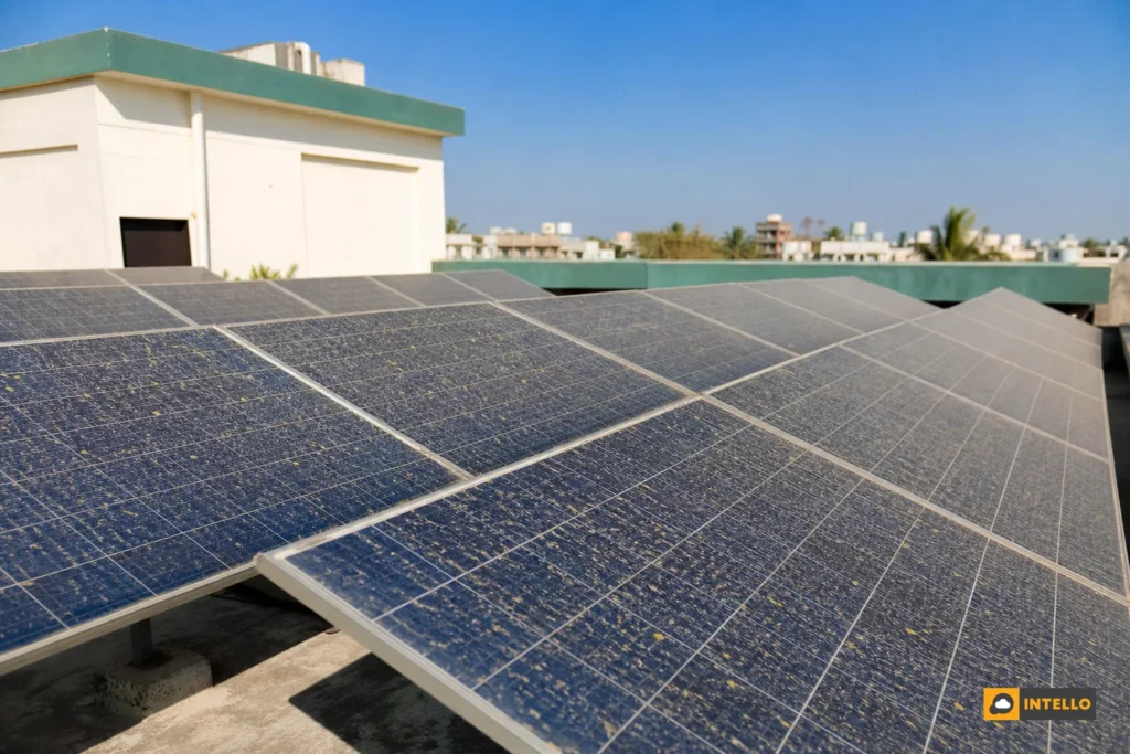 Dusty rooftop solar panels in an Indian city showing visible soiling layer. Photorealistic photo of a rooftop solar panel array in India visibly covered with a fine layer of dust and pollen, warm afternoon sunlight, blue sky, panels showing
