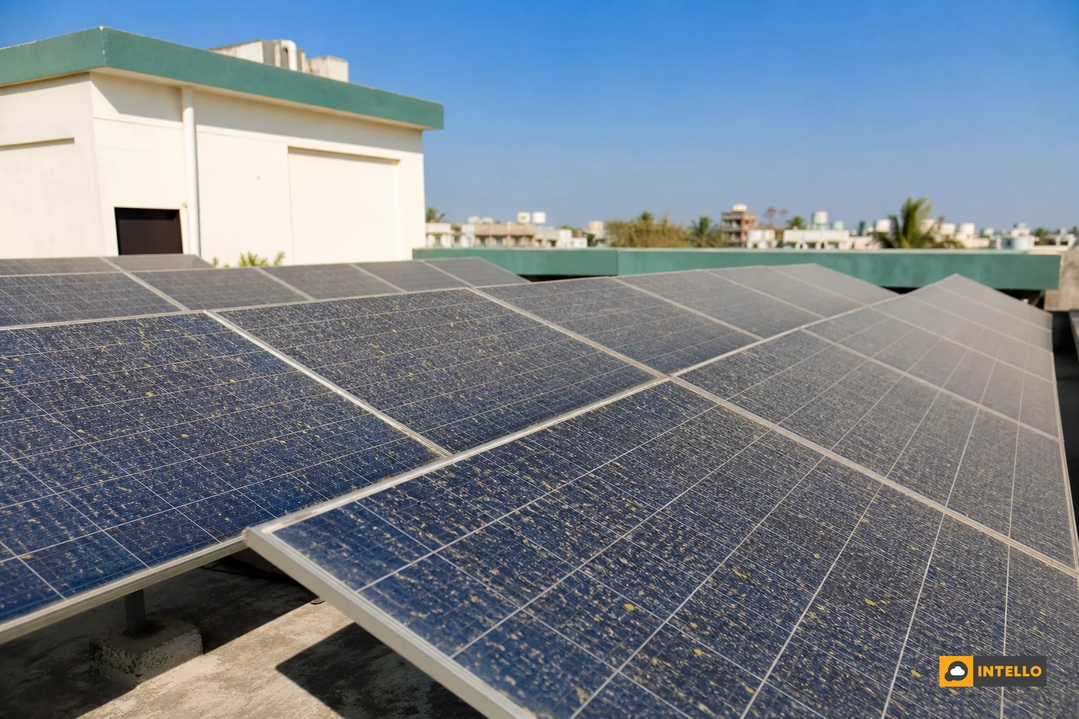 Dusty rooftop solar panels in an Indian city showing visible soiling layer. Photorealistic photo of a rooftop solar panel array in India visibly covered with a fine layer of dust and pollen, warm afternoon sunlight, blue sky, panels showing