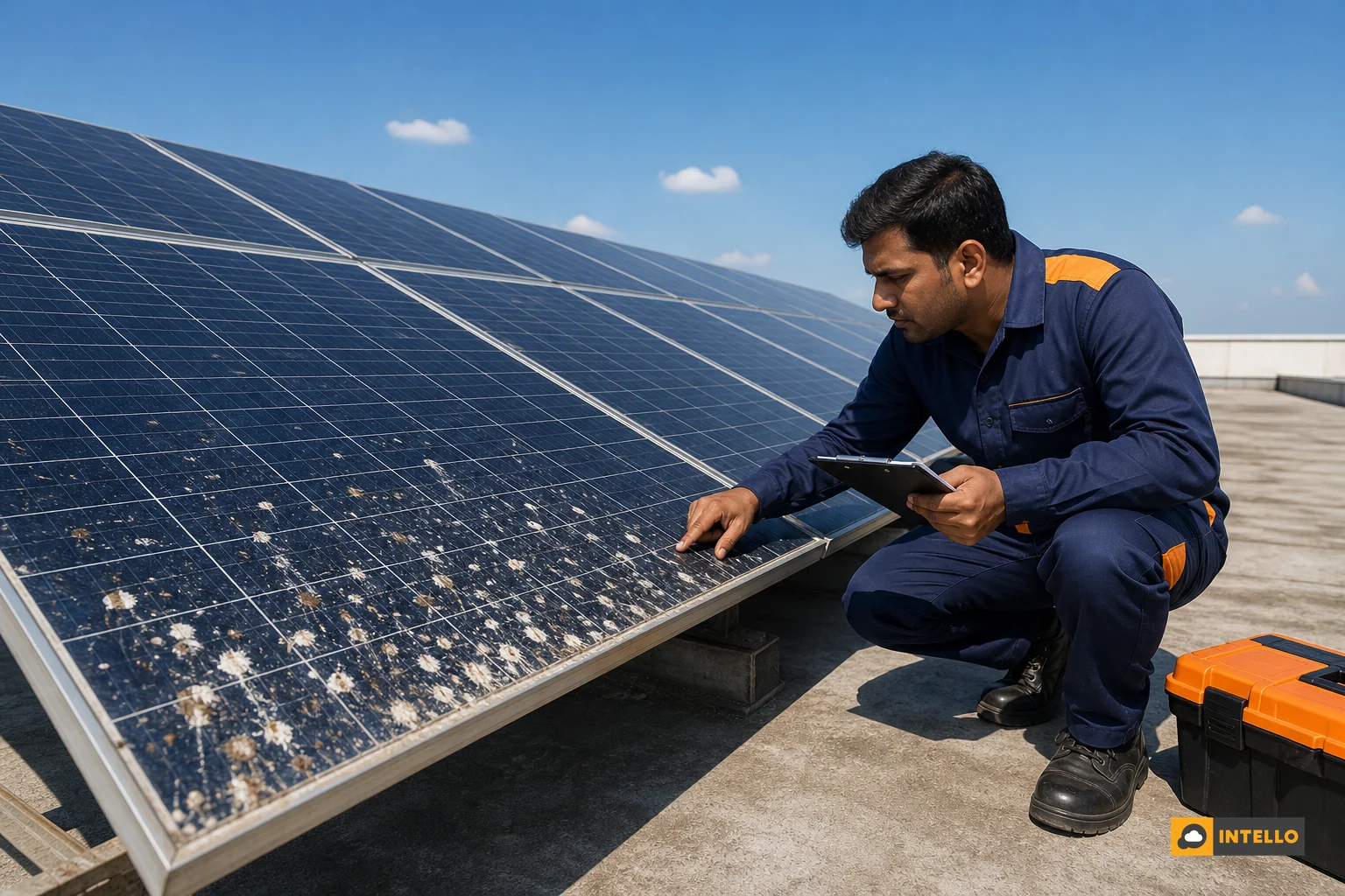 Rooftop solar array with visible bird droppings on some panels, technician inspecting. photorealistic photo of an Indian commercial rooftop solar installation under bright daylight, several panels showing visible white and dark bird