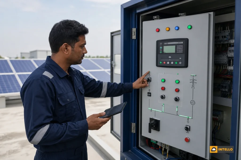 Technician inspecting a hybrid solar-diesel generator control panel at an industrial site in India. Photorealistic photo of an Indian male technician in navy blue uniform inspecting a hybrid solar-diesel generator synchronization control