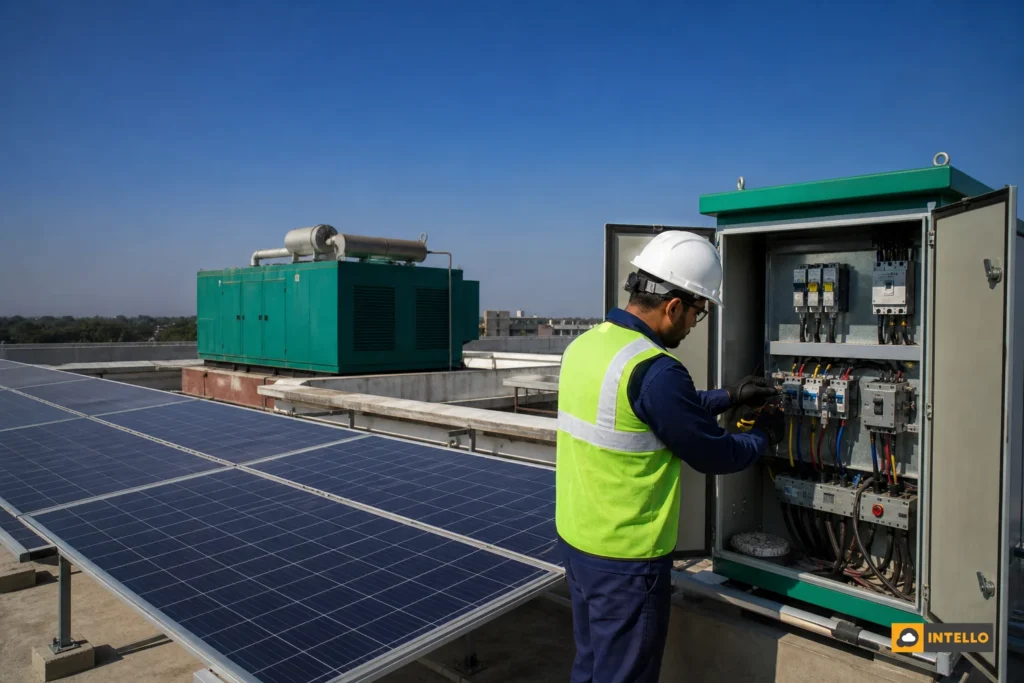 Industrial site with diesel generator and rooftop solar panels side by side. photorealistic wide shot of an Indian industrial facility rooftop with rows of solar panels in the foreground and a diesel generator housing unit visible in the