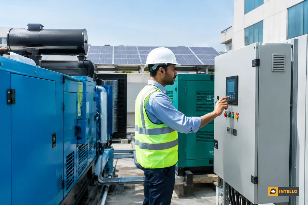 Engineer inspecting a DG synchronization panel beside a diesel generator at a commercial solar site