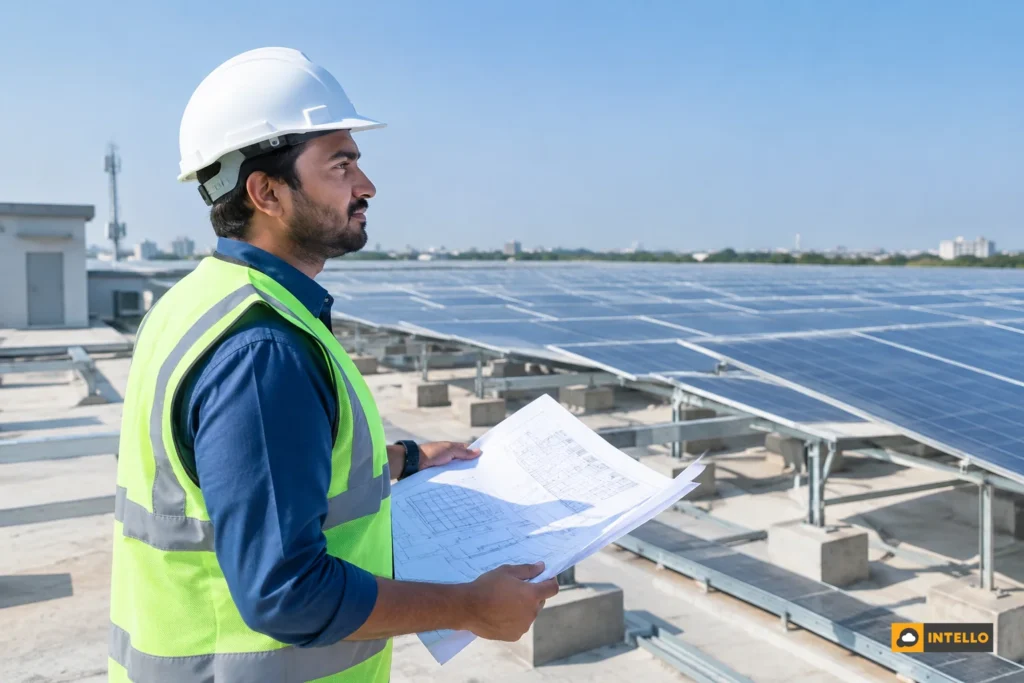 Engineer reviewing as-built drawings on a rooftop solar plant before handover