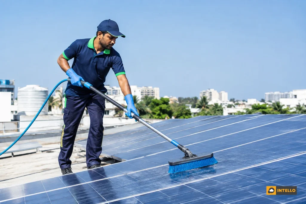 Technician cleaning and inspecting rooftop solar panels in India. Photorealistic photo of a solar maintenance technician in uniform cleaning rooftop solar panels under bright daylight in India, using a soft brush and water, commercial