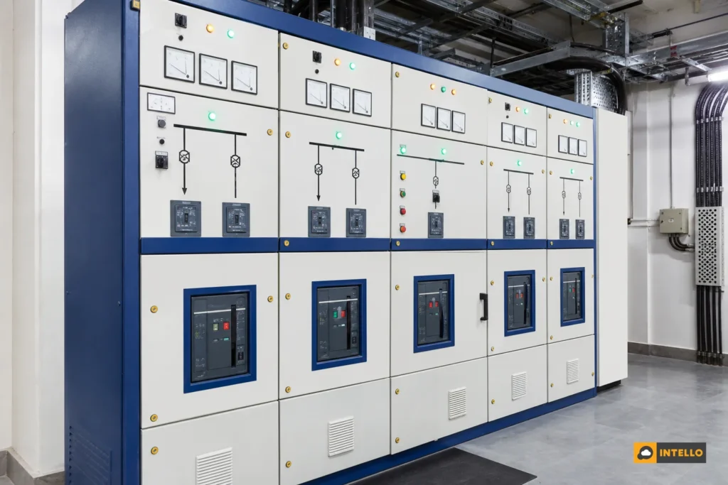 Close-up of an industrial DG synchronization control panel with illuminated indicators inside a commercial power room. Photorealistic photo of an industrial electrical control panel room in a commercial building in India, featuring a metal