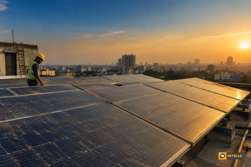 Dusty rooftop solar panels in an Indian city under hazy sky. Photorealistic wide shot of a commercial rooftop solar panel array in an Indian city, visible layer of dust and grime on the panel surface, hazy urban skyline in the background