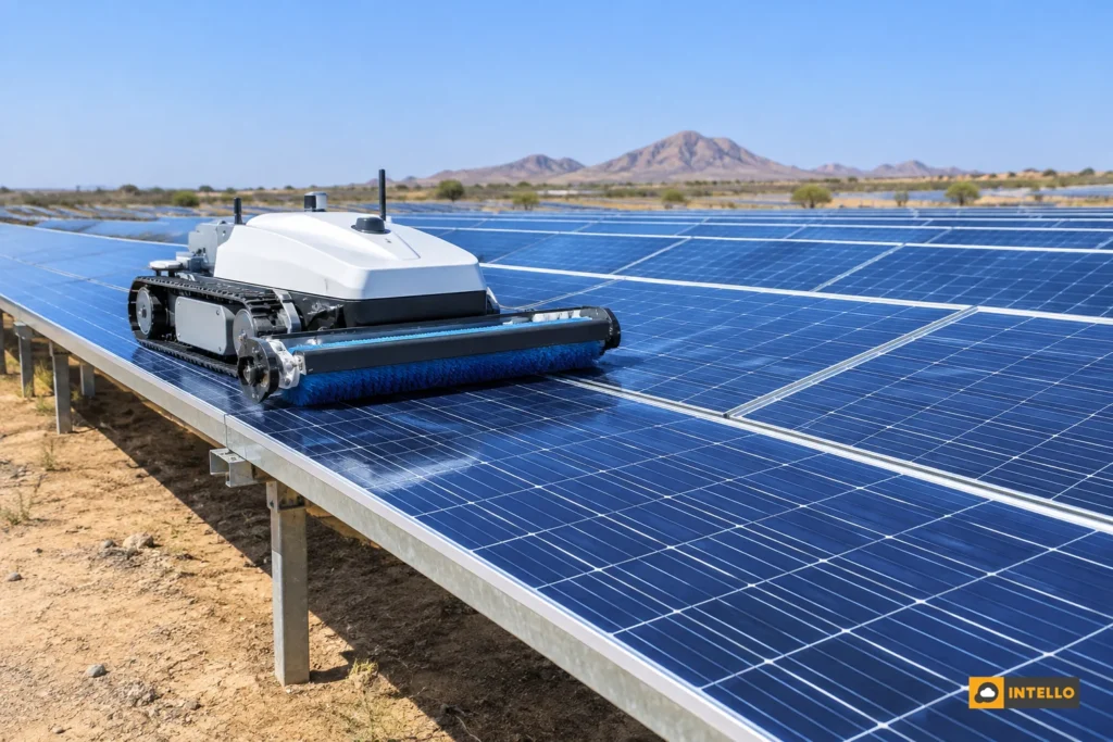 Robotic cleaner moving along a row of solar panels at a ground-mounted plant in India
