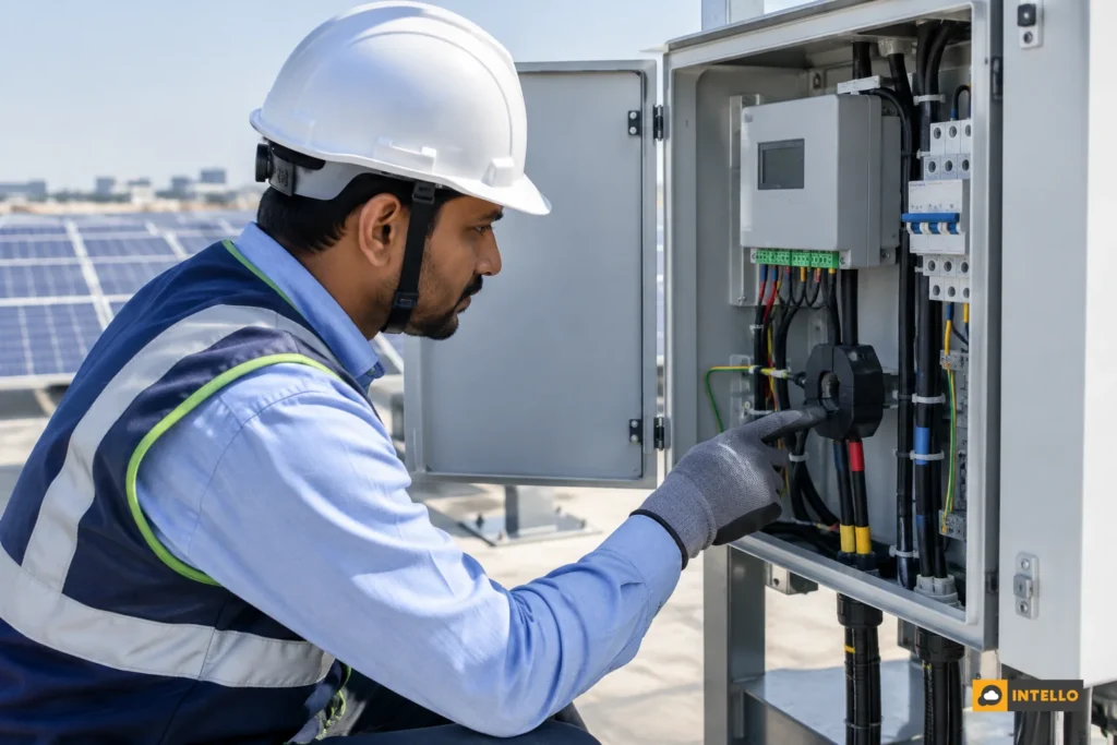 Technician checking a zero export device and current transformer clamp inside a rooftop solar electrical panel in India