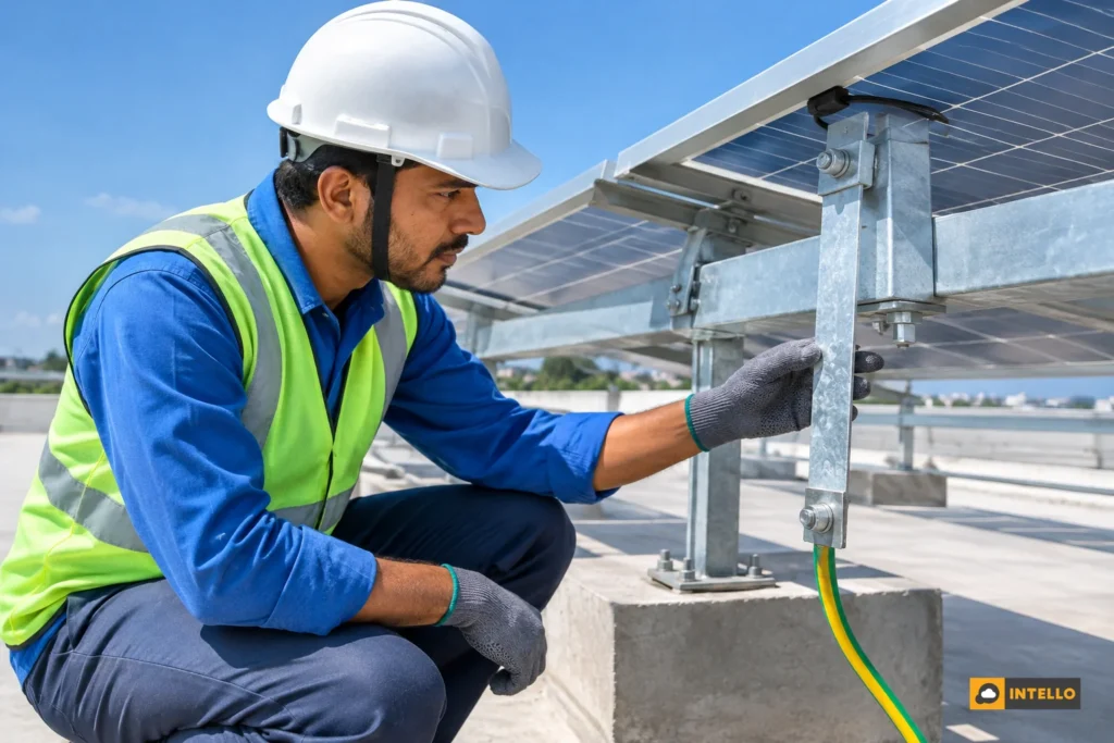 Technician inspecting earthing strip bonded to a rooftop solar panel structure